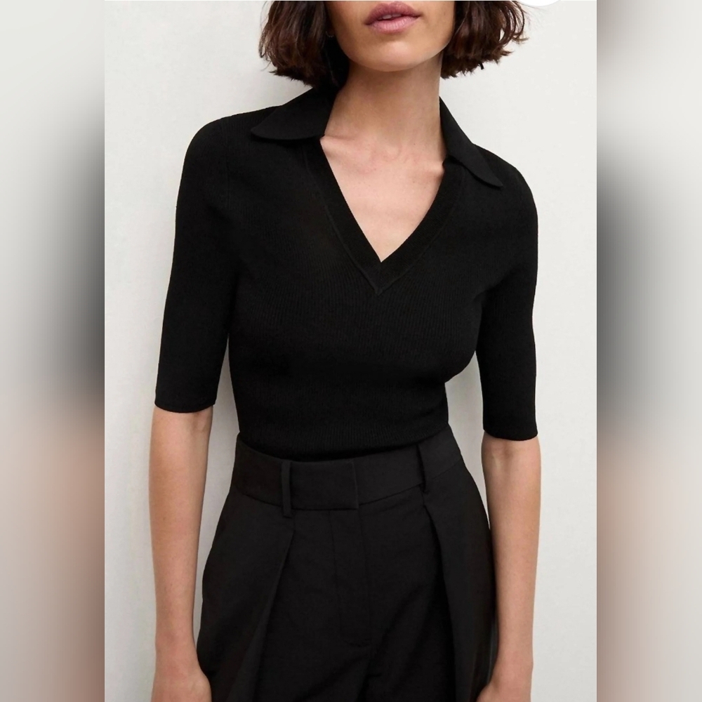 Veronica Beard Emily Ribbed Polo Top Black NEW Size S